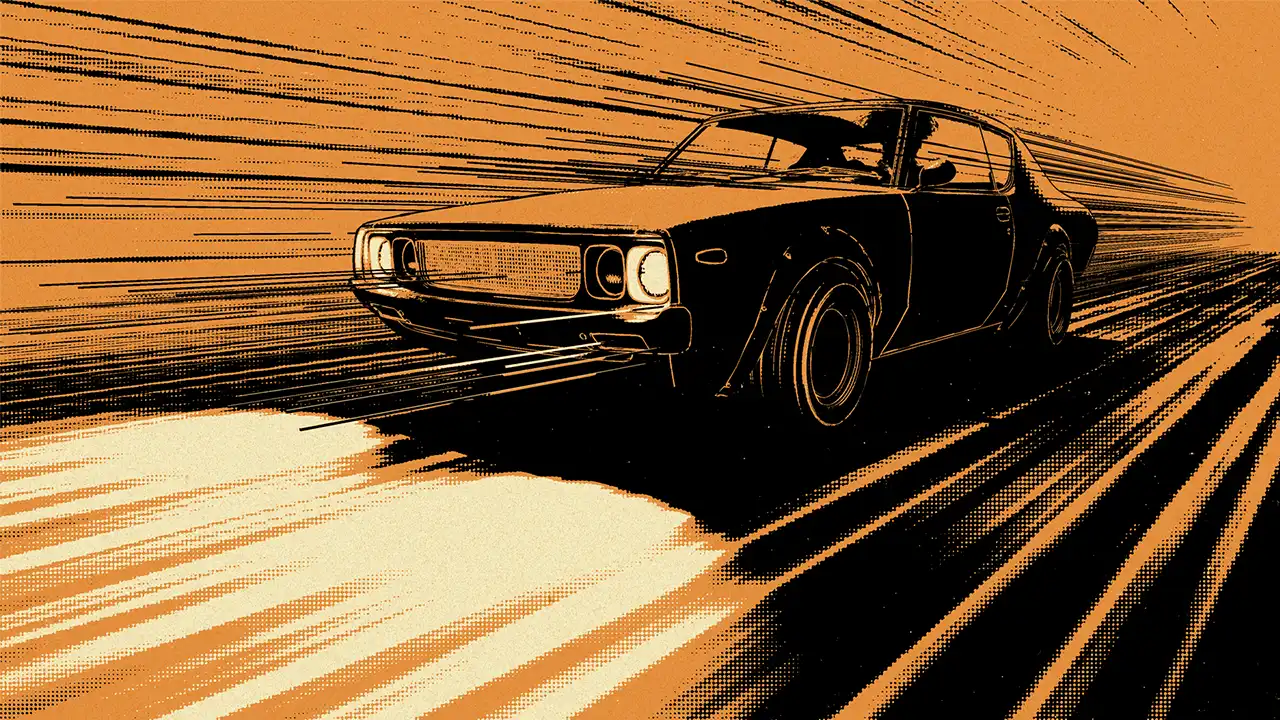 Animated GIF of a stylized car speeding at full speed from a frontal angle, used as the thumbnail for Dopamine Blister's 'Pill 1' video, featuring energetic retro electro music, electronic beats, and synth.