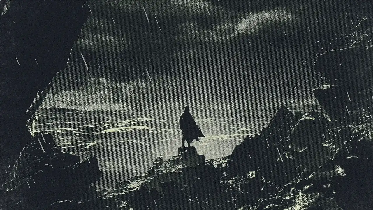 A silhouette of a person standing on a cliff, surrounded by heavy rain, dark clouds, and a raging sea in a black-and-white, melancholic scene.